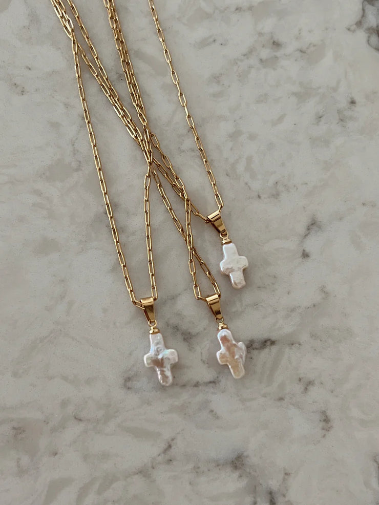 Dainty Pearl Cross Necklace