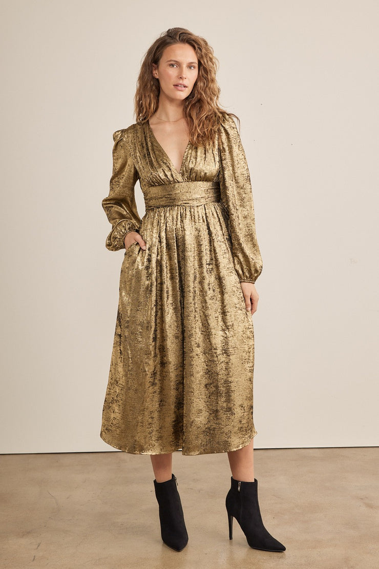 Metallic Plunge Neck Midi Dress