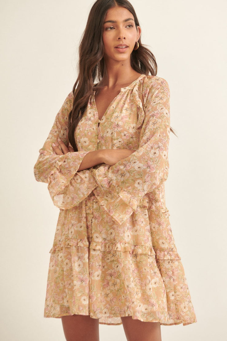 Buttoned Long Sleeve Tiered Dress