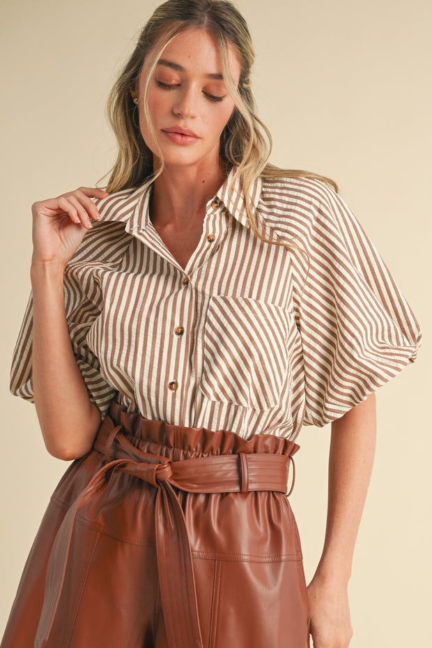 Pecan Stripe Puff Sleeve Blouse