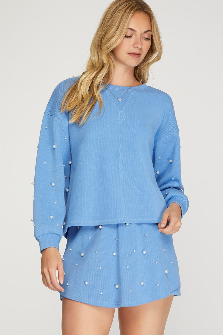 Blue Knit Set With Pearls