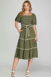 Bell Sleeve Green Midi Dress