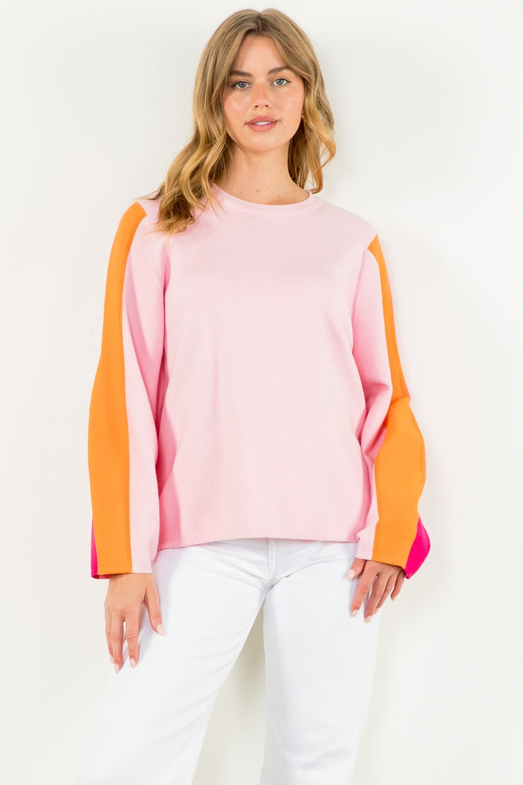 Rib Knit Color Block Sleeve Sweater